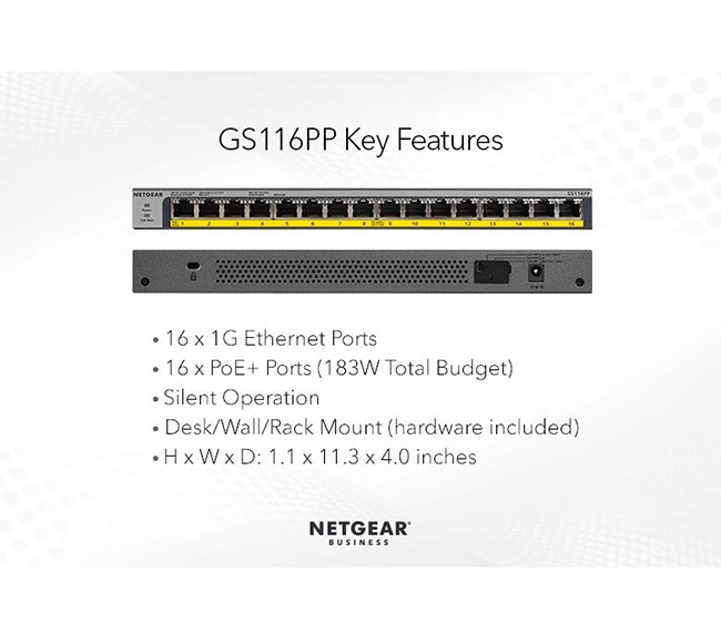Netgear GS116PP-100EUS 16-Port Gigabit PoE+/PoE Unmanaged Switch - Image 3