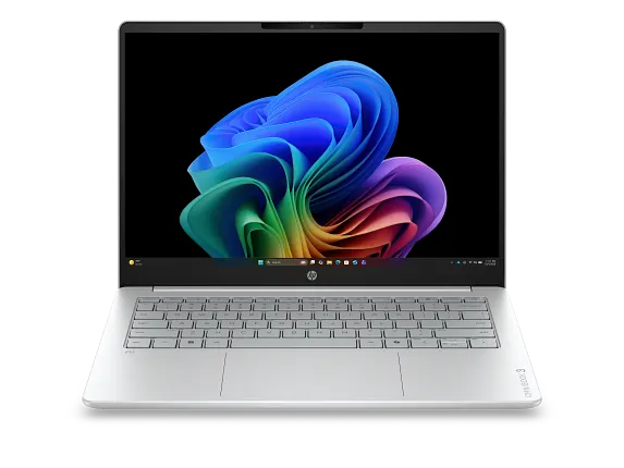 HP OmniBook 3 14 Laptop showing the sleek Starlit Blue chassis and 2K touchscreen display.